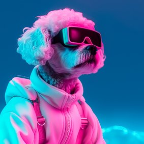 Ein Pudel mit Sonnenbrille, Jacke und Rucksack auf blauem Hintergrund. Er wird mit pinkem Licht angestrahlt. Bild:ADDICTIVE STOCK – stock.adobe.com