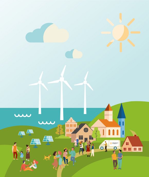 Eine Grafik mit einem kleinen Ort im Grünen. im Vordergrund viele Menschen. Im Hintergrund Sonne, Wolken und Windkrafträder im Wasser. Bild: Bürgerdialog Stromnetz.