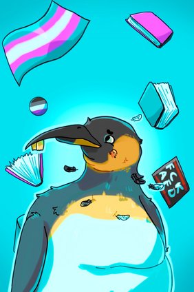Illustration eines Pinguins umgeben von Trans-Prdie-Flagge, Anti-AfD-Sticker und Büchern