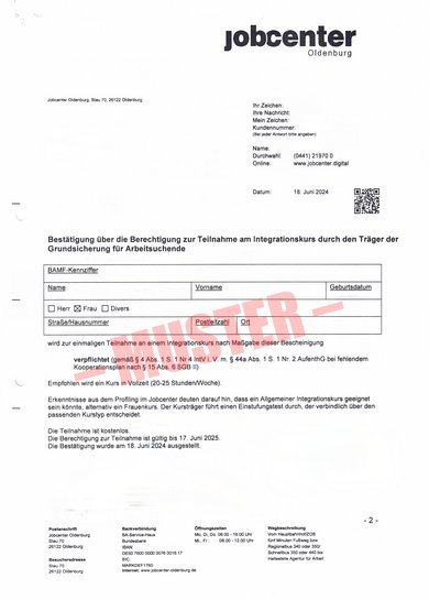 Muster einer Verpflichtung des Jobcenters
