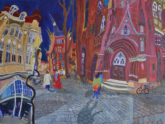 Pérez Fragas Gemälde des Marktplatzes vor der Lambertikirche.
