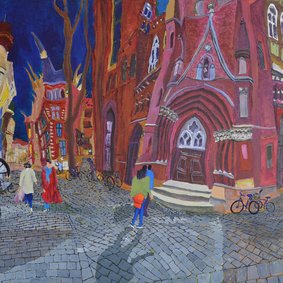 Pérez Fragas Gemälde des Marktplatzes vor der Lambertikirche.
