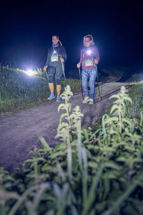 Bild: Eiko Braatz Zwei Nordic-Walking-Teilnehmerinnen laufen auf einem Weg durch eine Wiese.