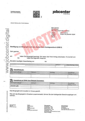 Muster eines Leistungsbescheids vom Jobcenter