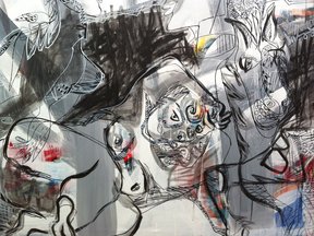 „Chagall sieht mich und lacht“ (Ausschnitt, 2019, Acryl und Edding auf Leinwand) – Bild: Regina Rüsen