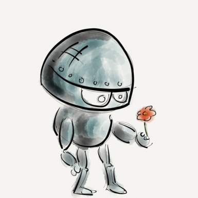 Ein gemalter Roboter hält eine rote Blume.