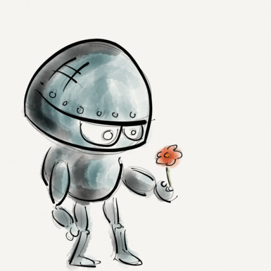 Ein gemalter Roboter mit Blume in der Hand.