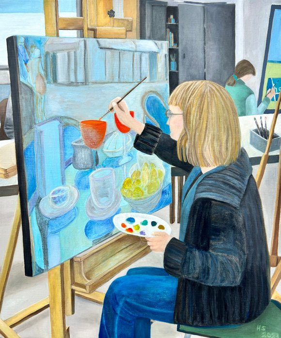 Ölbild einer Person, die an einer Staffelei ein Bild malt. Foto: Beatrice Paris