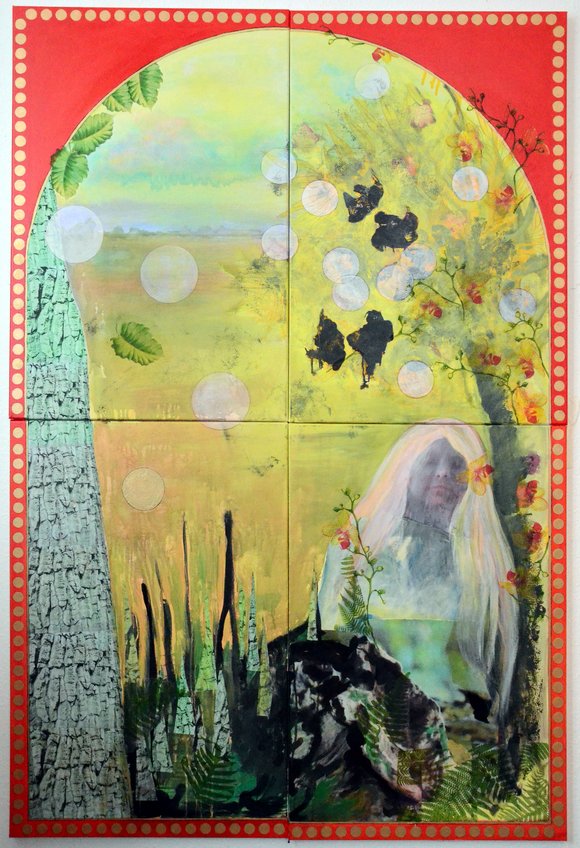 „Urd schläft“ (2011, Mischtechnik: Collage, Öl, Lack, Acryl, Teil eines Triptychons)– Bild: Bettina Hauke