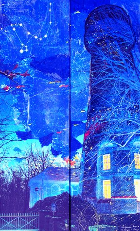 Turmancht. Mixed Media auf Leinwand. Abgebildet ist der Wasserturm in Oldenburg Donnerschwee. Blaue und gelbe Farbe lassen es wie Nacht wirken. Bild: Susanne Krause.