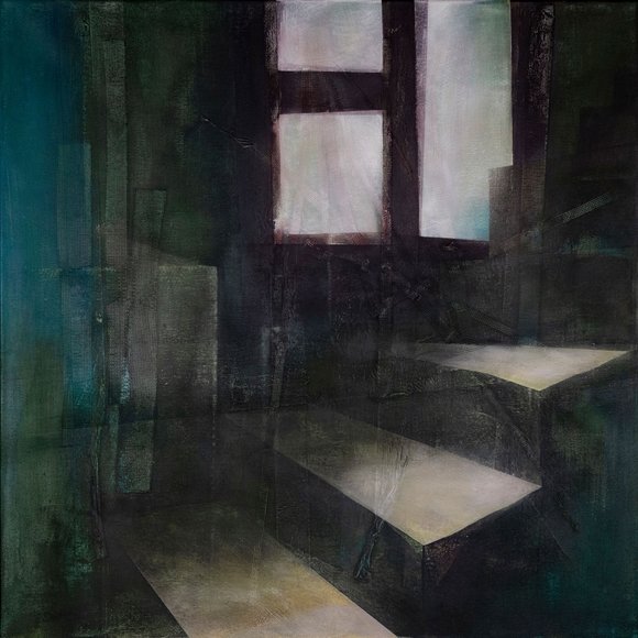 Ein Acrylbild: Ein dunkles Treppenhaus aus Stein. I, Hintergrund ein Fenster, durch das Licht auf die Steintreppen fällt.