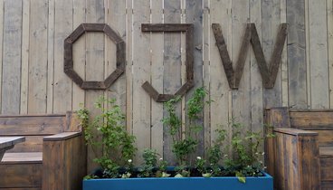 Große Holzbuchstaben OJW (Kurz für Oldenburger Jugendwerkstatt) verzieren den Garten. Bild: VHS Oldenburg. 