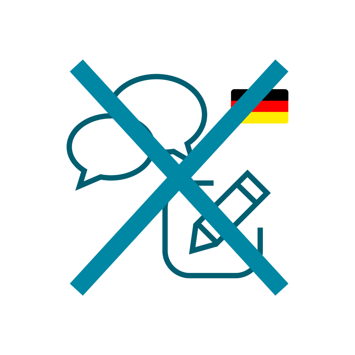 Zwei Sprechblasen und ein Notizblock mit Stift mit einer Deutschlandflagge. Alle Icons sind rot durchgestrichen.