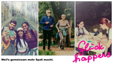 Bilder: bernardbodo; lordn; Rabizo Anatolii - alle stock.adobe.com Bilcollage: Eine Reisegruppe macht einSelfie, zwei Personen joggen im Wald, zwei Personen malen zusammen.