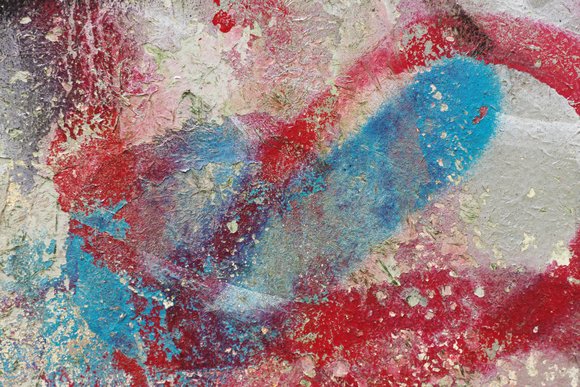Ein Wandbild aus roter, blauer und weißer Farbe. Sich umschließende Linien. Bild: Prof. Dr. Rudolf Holbach.