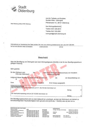 Muster eines Wohngeldbescheids