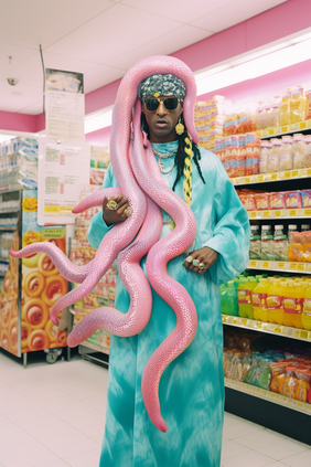 Ein KI generiertes Bild vom einem Mann im Supermarkt, der eine pinke Schlange auf dem Kopf trägt. Bild: Jan Rikus Hillmann
