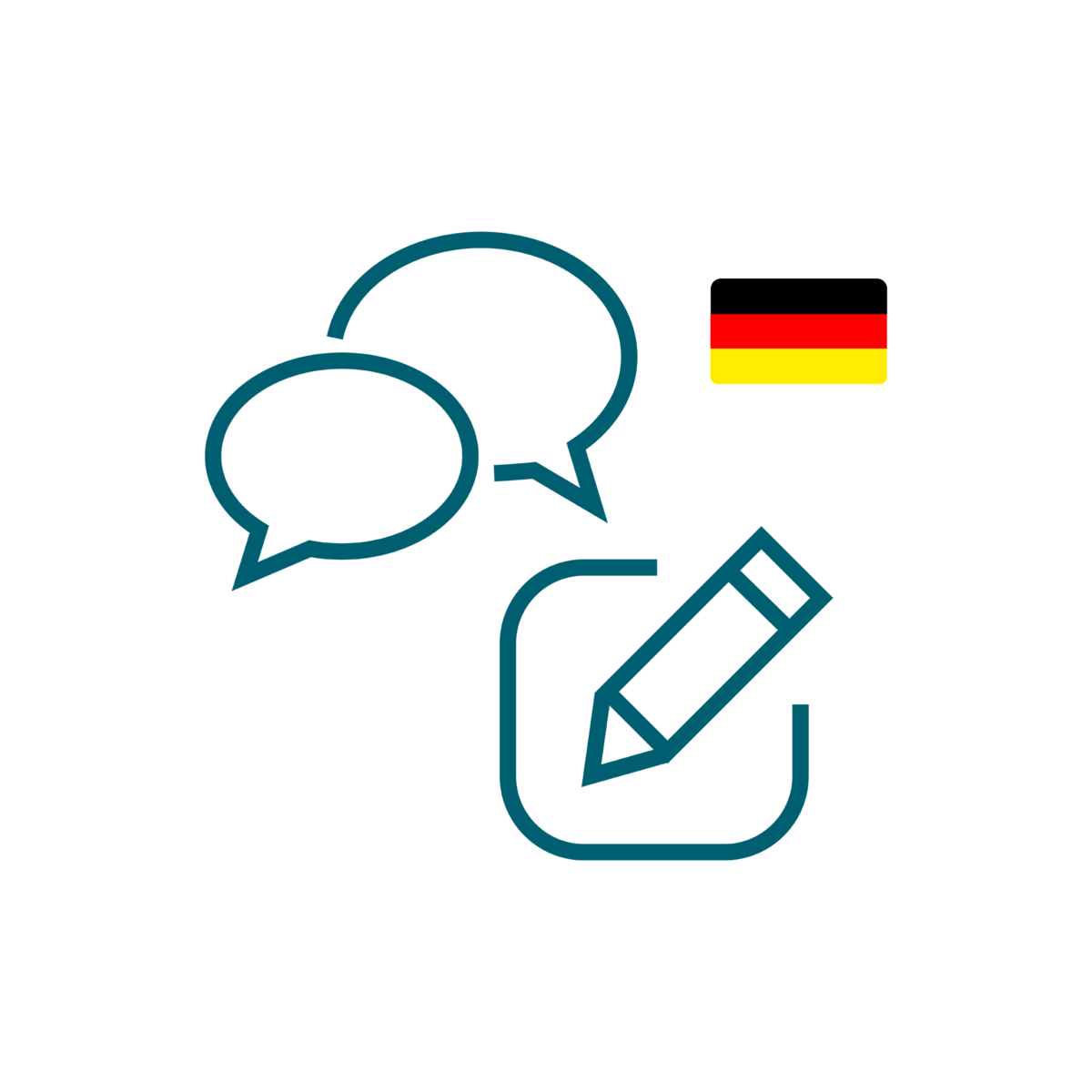 Zwei Sprechblasen und ein Notizblock mit Stift mit einer Deutschlandflagge.