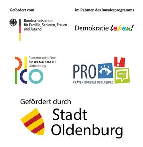 Logos desBundesministerium für Familie, Senioren, Frauen und Jugend, des Bundesprogramms „Demokratie Leben!“, der Partnerschaften für Demokratie Oldenburg (PfD), des Präventionsrats Oldenburg und der Stadt Oldenburg.