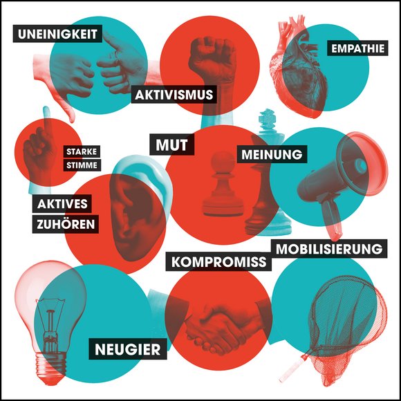 Ein Daumen hoch, ein Daumen runter, eine geballte Faust, ein herz, ein erhobener Finger, Schachfiguren, ein Megaphon, eine Glühlampe, ein Handschlag und ein Netz