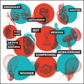 Ein Daumen hoch, ein Daumen runter, eine geballte Faust, ein herz, ein erhobener Finger, Schachfiguren, ein Megaphon, eine Glühlampe, ein Handschlag und ein Netz