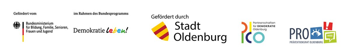 Logo des Bundesministeriums für Bildung, Familie, Senioren, Frauen und Jugend, Demokratie leben, der Stadt Oldenburg, Partnerschaften für Demokratie, Präventionsrat Oldenburg