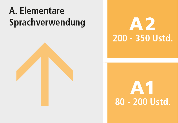 Niveau A. Elementare Sprachverwendung. Das Niveau A1 setzt 80 bis 200 Unterrichtsstunden voraus. Das Niveau A2 setzt 200 bis 350 Unterrichtsstunden voraus.
