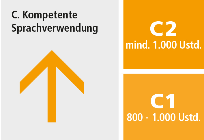 Niveau C. Kompentente Sprachverwendung. Das Niveau C1 setzt 800 bis 1000 Unterrichtsstunden voraus. Das Niveau C2 setzt mindestens 1.000 Unterrichtsstunden voraus. 